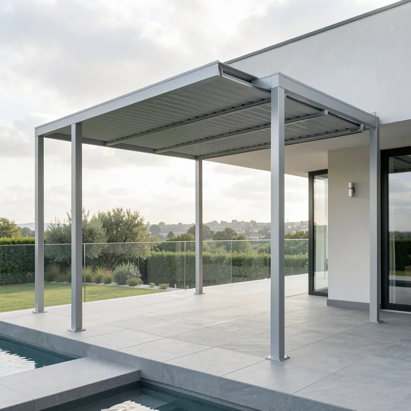 Terrasse moderne ombragée par une pergola bioclimatique à lames orientables en aluminium